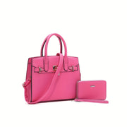 HJ Women's 2pcs Synthetic Handbag & Wallet Set - Solid Black Elegant Tote & Crossbody Work Bag with Golden-Tone Hardware, Adjustable Strap, Zipper Closure, Matching Wallet, Lining & Golden-Tone Hardware, Golden-Tone Hardware,