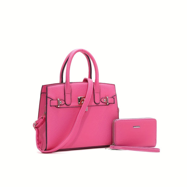 HJ Women's 2pcs Synthetic Handbag & Wallet Set - Solid Black Elegant Tote & Crossbody Work Bag with Golden-Tone Hardware, Adjustable Strap, Zipper Closure, Matching Wallet, Lining & Golden-Tone Hardware, Golden-Tone Hardware,