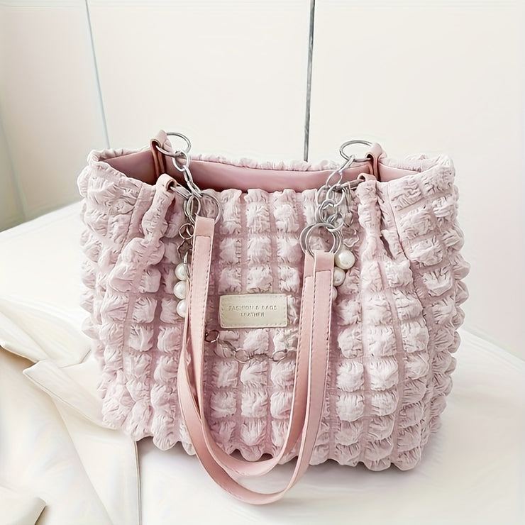 Women's Large Capacity Cloud-Shaped Tote Bag - Soft Nylon-Like Non-Woven Pastel Pink/White/ Blue/Navy, Plush Cloud Texture & Keychain Strap, Zipper Closure Handbag for Commuting,, Travel - Durable & Stylish Shoulder Purse, Ba