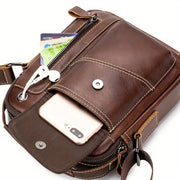Men's & Women's Genuine Leather Crossbody Handbag - Adjustable Shoulder Strap, Multi-Compartment Vertical Messenger Bag with Lion Emblem-like Design, Top Handle & Buckle Closure, Deep Brown - Ideal Gift for Valentine's Day, F
