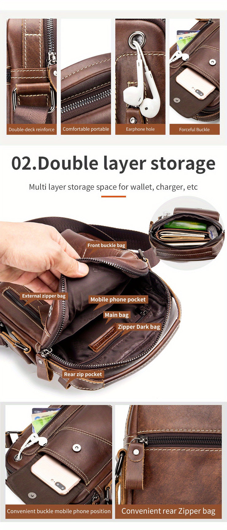 Men's & Women's Genuine Leather Crossbody Handbag - Adjustable Shoulder Strap, Multi-Compartment Vertical Messenger Bag with Lion Emblem-like Design, Top Handle & Buckle Closure, Deep Brown - Ideal Gift for Valentine's Day, F