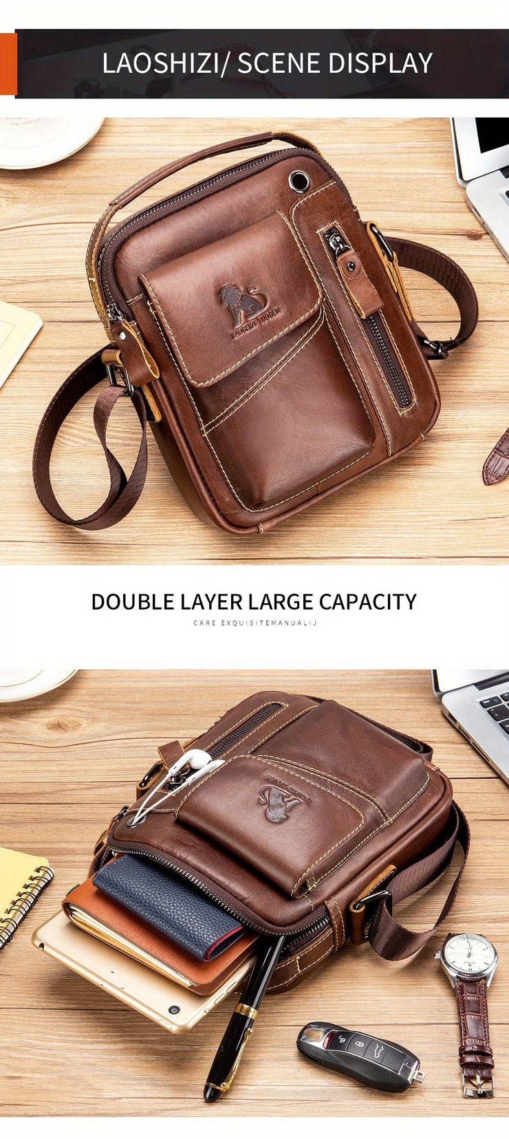 Men's & Women's Genuine Leather Crossbody Handbag - Adjustable Shoulder Strap, Multi-Compartment Vertical Messenger Bag with Lion Emblem-like Design, Top Handle & Buckle Closure, Deep Brown - Ideal Gift for Valentine's Day, F