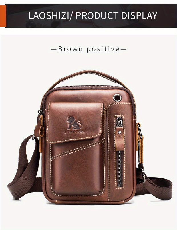 Men's & Women's Genuine Leather Crossbody Handbag - Adjustable Shoulder Strap, Multi-Compartment Vertical Messenger Bag with Lion Emblem-like Design, Top Handle & Buckle Closure, Deep Brown - Ideal Gift for Valentine's Day, F