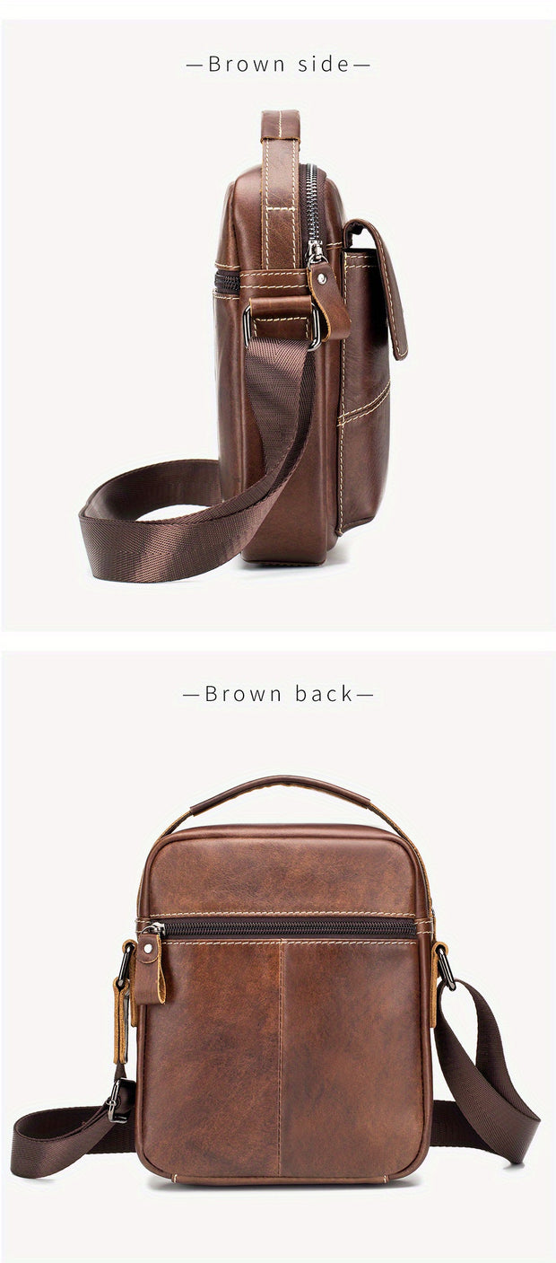 Men's & Women's Genuine Leather Crossbody Handbag - Adjustable Shoulder Strap, Multi-Compartment Vertical Messenger Bag with Lion Emblem-like Design, Top Handle & Buckle Closure, Deep Brown - Ideal Gift for Valentine's Day, F