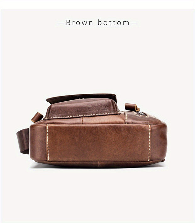 Men's & Women's Genuine Leather Crossbody Handbag - Adjustable Shoulder Strap, Multi-Compartment Vertical Messenger Bag with Lion Emblem-like Design, Top Handle & Buckle Closure, Deep Brown - Ideal Gift for Valentine's Day, F