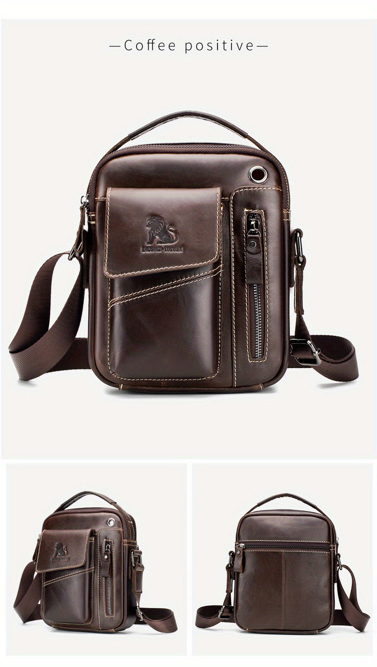 Men's & Women's Genuine Leather Crossbody Handbag - Adjustable Shoulder Strap, Multi-Compartment Vertical Messenger Bag with Lion Emblem-like Design, Top Handle & Buckle Closure, Deep Brown - Ideal Gift for Valentine's Day, F