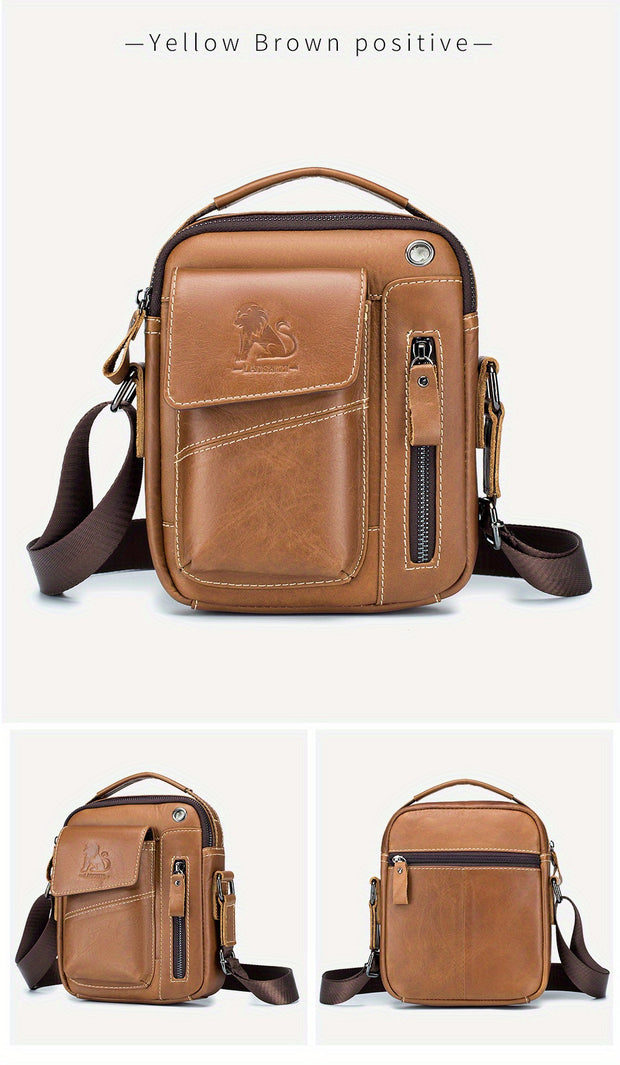 Men's & Women's Genuine Leather Crossbody Handbag - Adjustable Shoulder Strap, Multi-Compartment Vertical Messenger Bag with Lion Emblem-like Design, Top Handle & Buckle Closure, Deep Brown - Ideal Gift for Valentine's Day, F