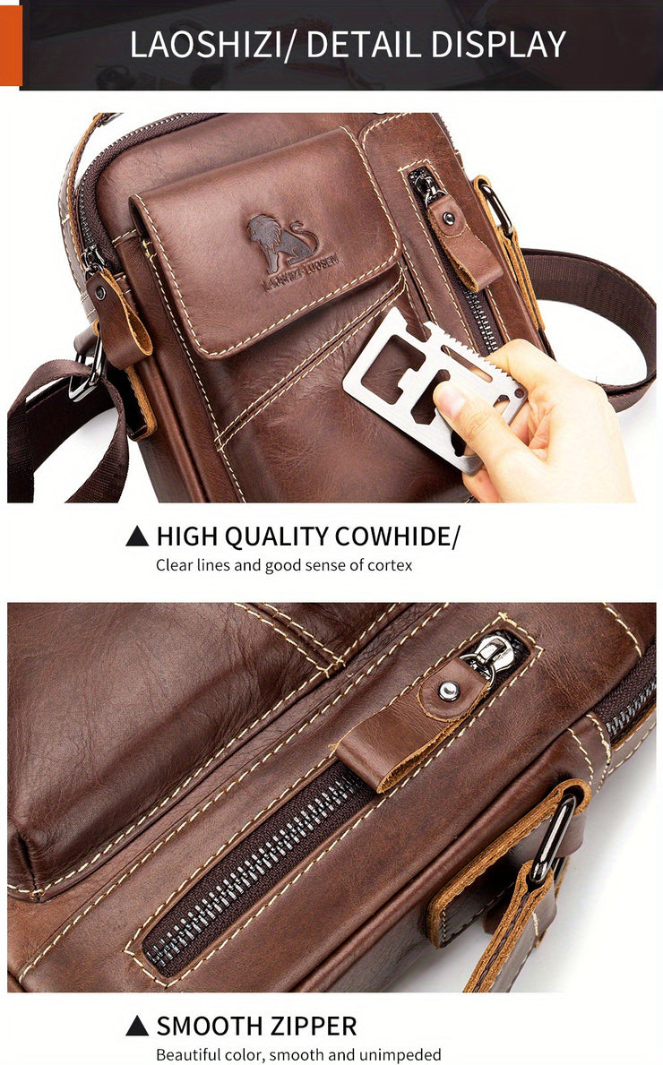 Men's & Women's Genuine Leather Crossbody Handbag - Adjustable Shoulder Strap, Multi-Compartment Vertical Messenger Bag with Lion Emblem-like Design, Top Handle & Buckle Closure, Deep Brown - Ideal Gift for Valentine's Day, F