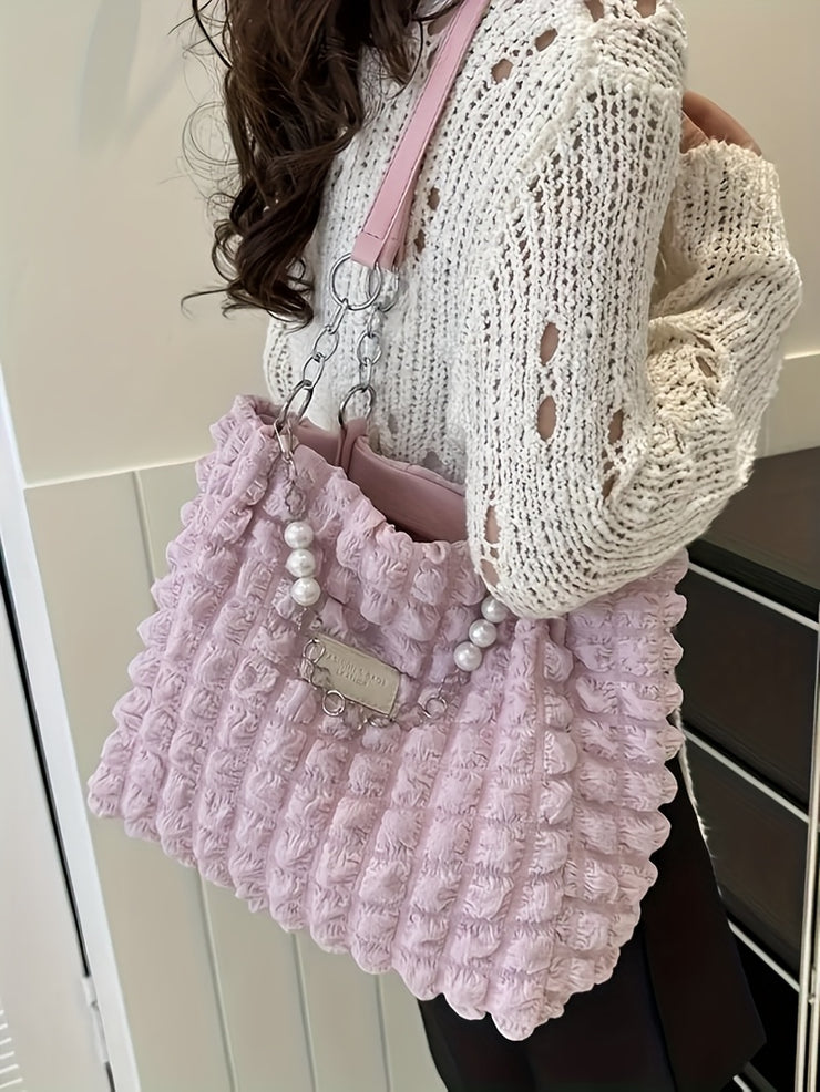 Women's Large Capacity Cloud-Shaped Tote Bag - Soft Nylon-Like Non-Woven Pastel Pink/White/ Blue/Navy, Plush Cloud Texture & Keychain Strap, Zipper Closure Handbag for Commuting,, Travel - Durable & Stylish Shoulder Purse, Ba