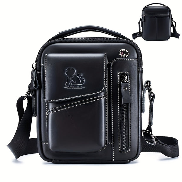 Men's & Women's Genuine Leather Crossbody Handbag - Adjustable Shoulder Strap, Multi-Compartment Vertical Messenger Bag with Lion Emblem-like Design, Top Handle & Buckle Closure, Deep Brown - Ideal Gift for Valentine's Day, F