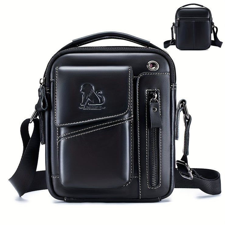 Men's & Women's Genuine Leather Crossbody Handbag - Adjustable Shoulder Strap, Multi-Compartment Vertical Messenger Bag with Lion Emblem-like Design, Top Handle & Buckle Closure, Deep Brown - Ideal Gift for Valentine's Day, F