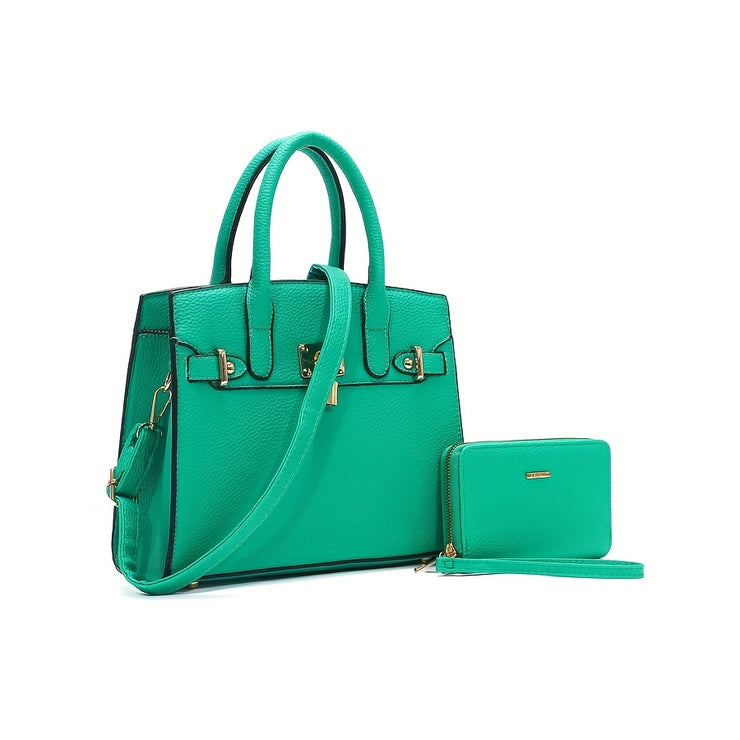 HJ Women's 2pcs Synthetic Handbag & Wallet Set - Solid Black Elegant Tote & Crossbody Work Bag with Golden-Tone Hardware, Adjustable Strap, Zipper Closure, Matching Wallet, Lining & Golden-Tone Hardware, Golden-Tone Hardware,