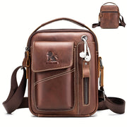 Men's & Women's Genuine Leather Crossbody Handbag - Adjustable Shoulder Strap, Multi-Compartment Vertical Messenger Bag with Lion Emblem-like Design, Top Handle & Buckle Closure, Deep Brown - Ideal Gift for Valentine's Day, F