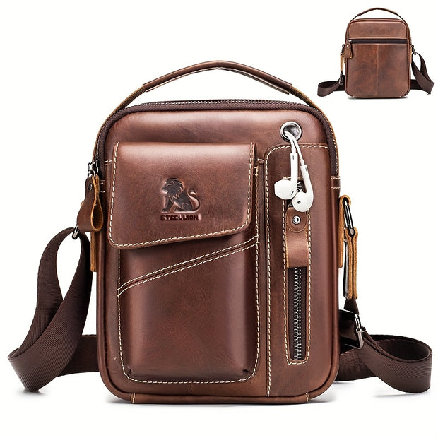 Men's & Women's Genuine Leather Crossbody Handbag - Adjustable Shoulder Strap, Multi-Compartment Vertical Messenger Bag with Lion Emblem-like Design, Top Handle & Buckle Closure, Deep Brown - Ideal Gift for Valentine's Day, F