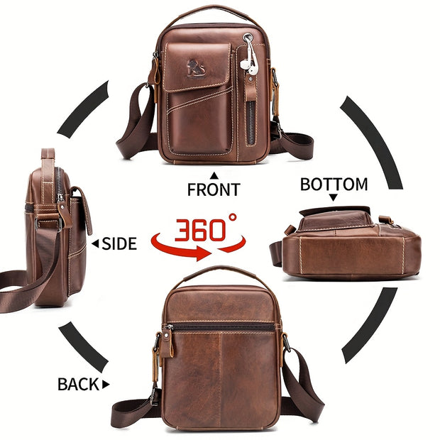 Men's & Women's Genuine Leather Crossbody Handbag - Adjustable Shoulder Strap, Multi-Compartment Vertical Messenger Bag with Lion Emblem-like Design, Top Handle & Buckle Closure, Deep Brown - Ideal Gift for Valentine's Day, F