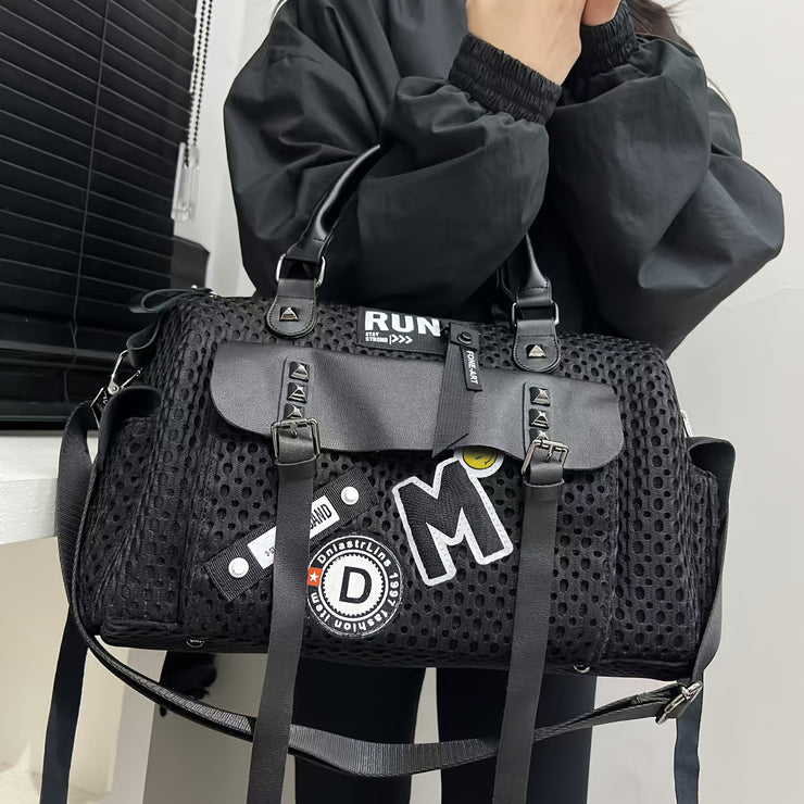 Women's Y2K Nylon Tote Bag with Detachable Strap & Charm - Black & White Beige Checkered Pocket Handbag, Golden-Tone Hardware, Zipper Closure, D-Ring Attachments - Stylish Carryall for Daily Use,, Travel (Run-Like Label Desig