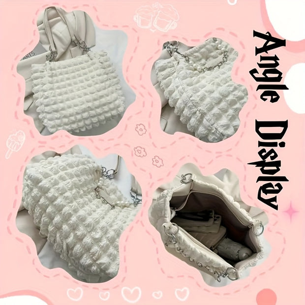 Women's Large Capacity Cloud-Shaped Tote Bag - Soft Nylon-Like Non-Woven Pastel Pink/White/ Blue/Navy, Plush Cloud Texture & Keychain Strap, Zipper Closure Handbag for Commuting,, Travel - Durable & Stylish Shoulder Purse, Ba