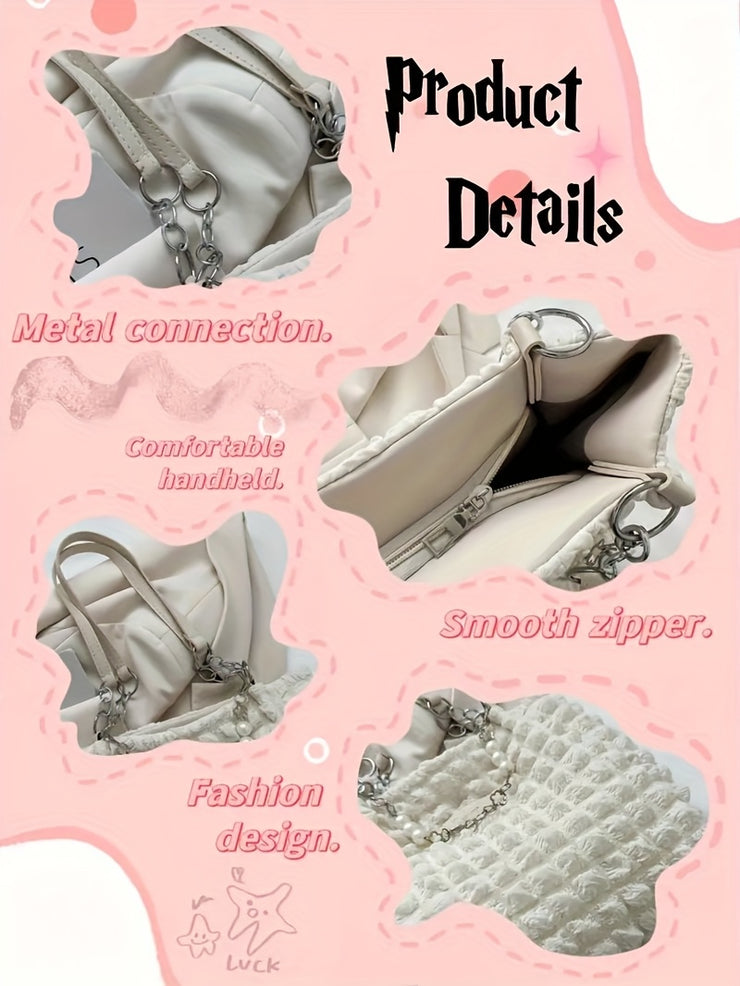 Women's Large Capacity Cloud-Shaped Tote Bag - Soft Nylon-Like Non-Woven Pastel Pink/White/ Blue/Navy, Plush Cloud Texture & Keychain Strap, Zipper Closure Handbag for Commuting,, Travel - Durable & Stylish Shoulder Purse, Ba