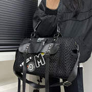 Women's Y2K Nylon Tote Bag with Detachable Strap & Charm - Black & White Beige Checkered Pocket Handbag, Golden-Tone Hardware, Zipper Closure, D-Ring Attachments - Stylish Carryall for Daily Use,, Travel (Run-Like Label Desig