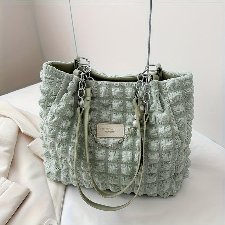 Women's Large Capacity Cloud-Shaped Tote Bag - Soft Nylon-Like Non-Woven Pastel Pink/White/ Blue/Navy, Plush Cloud Texture & Keychain Strap, Zipper Closure Handbag for Commuting,, Travel - Durable & Stylish Shoulder Purse, Ba