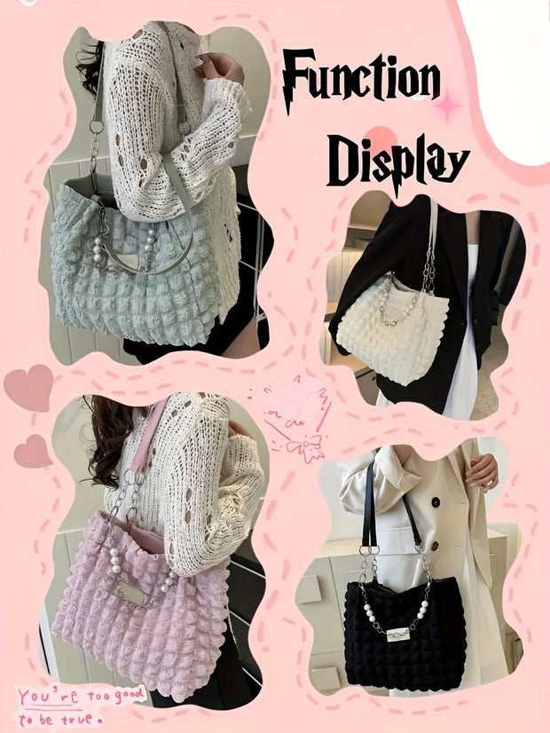 Women's Large Capacity Cloud-Shaped Tote Bag - Soft Nylon-Like Non-Woven Pastel Pink/White/ Blue/Navy, Plush Cloud Texture & Keychain Strap, Zipper Closure Handbag for Commuting,, Travel - Durable & Stylish Shoulder Purse, Ba