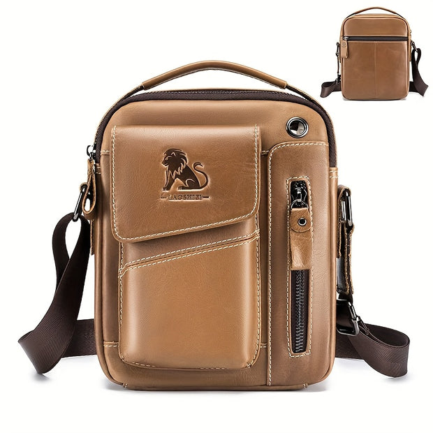 Men's & Women's Genuine Leather Crossbody Handbag - Adjustable Shoulder Strap, Multi-Compartment Vertical Messenger Bag with Lion Emblem-like Design, Top Handle & Buckle Closure, Deep Brown - Ideal Gift for Valentine's Day, F