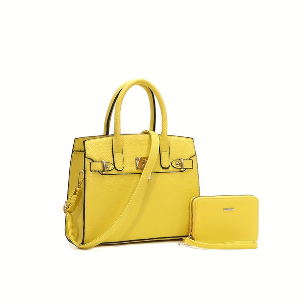 HJ Women's 2pcs Synthetic Handbag & Wallet Set - Solid Black Elegant Tote & Crossbody Work Bag with Golden-Tone Hardware, Adjustable Strap, Zipper Closure, Matching Wallet, Lining & Golden-Tone Hardware, Golden-Tone Hardware,