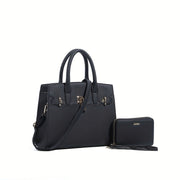 HJ Women's 2pcs Synthetic Handbag & Wallet Set - Solid Black Elegant Tote & Crossbody Work Bag with Golden-Tone Hardware, Adjustable Strap, Zipper Closure, Matching Wallet, Lining & Golden-Tone Hardware, Golden-Tone Hardware,