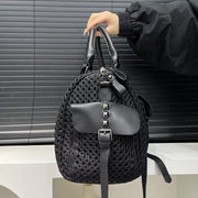 Women's Y2K Nylon Tote Bag with Detachable Strap & Charm - Black & White Beige Checkered Pocket Handbag, Golden-Tone Hardware, Zipper Closure, D-Ring Attachments - Stylish Carryall for Daily Use,, Travel (Run-Like Label Desig