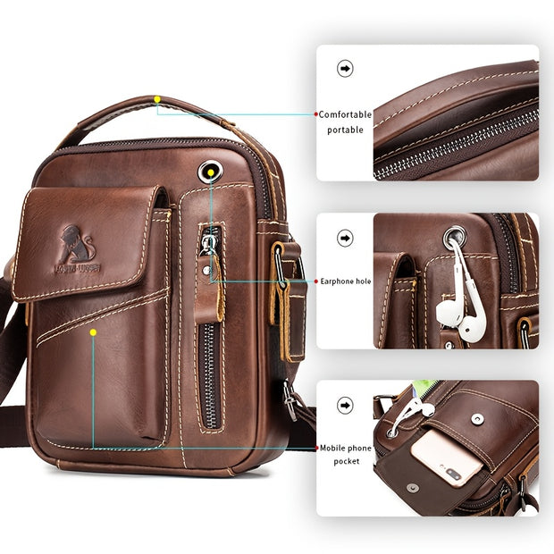 Men's & Women's Genuine Leather Crossbody Handbag - Adjustable Shoulder Strap, Multi-Compartment Vertical Messenger Bag with Lion Emblem-like Design, Top Handle & Buckle Closure, Deep Brown - Ideal Gift for Valentine's Day, F
