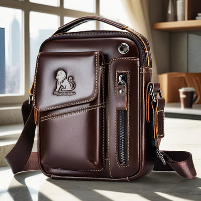 Men's & Women's Genuine Leather Crossbody Handbag - Adjustable Shoulder Strap, Multi-Compartment Vertical Messenger Bag with Lion Emblem-like Design, Top Handle & Buckle Closure, Deep Brown - Ideal Gift for Valentine's Day, F