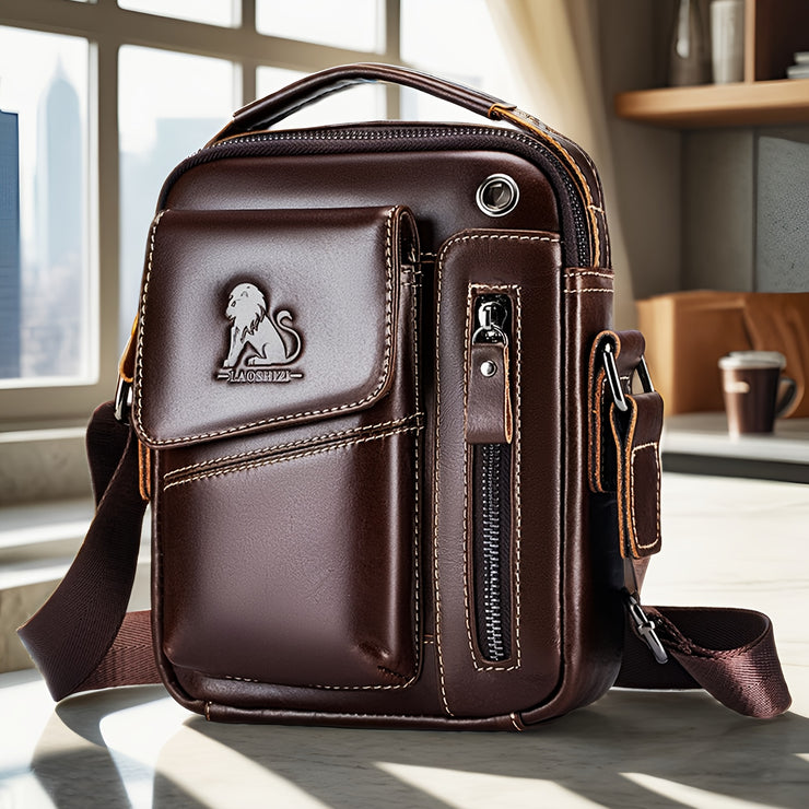 Men's & Women's Genuine Leather Crossbody Handbag - Adjustable Shoulder Strap, Multi-Compartment Vertical Messenger Bag with Lion Emblem-like Design, Top Handle & Buckle Closure, Deep Brown - Ideal Gift for Valentine's Day, F