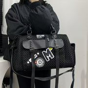 Women's Y2K Nylon Tote Bag with Detachable Strap & Charm - Black & White Beige Checkered Pocket Handbag, Golden-Tone Hardware, Zipper Closure, D-Ring Attachments - Stylish Carryall for Daily Use,, Travel (Run-Like Label Desig