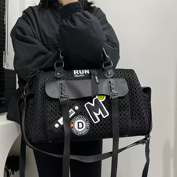 Women's Y2K Nylon Tote Bag with Detachable Strap & Charm - Black & White Beige Checkered Pocket Handbag, Golden-Tone Hardware, Zipper Closure, D-Ring Attachments - Stylish Carryall for Daily Use,, Travel (Run-Like Label Desig