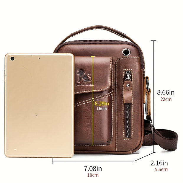 Men's & Women's Genuine Leather Crossbody Handbag - Adjustable Shoulder Strap, Multi-Compartment Vertical Messenger Bag with Lion Emblem-like Design, Top Handle & Buckle Closure, Deep Brown - Ideal Gift for Valentine's Day, F