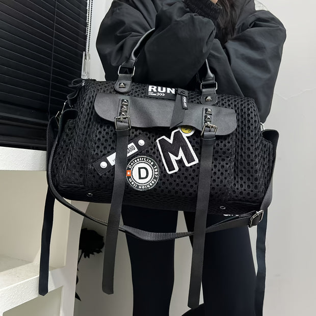 Women's Y2K Nylon Tote Bag with Detachable Strap & Charm - Black & White Beige Checkered Pocket Handbag, Golden-Tone Hardware, Zipper Closure, D-Ring Attachments - Stylish Carryall for Daily Use,, Travel (Run-Like Label Desig