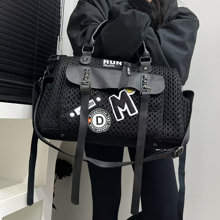 Women's Y2K Nylon Tote Bag with Detachable Strap & Charm - Black & White Beige Checkered Pocket Handbag, Golden-Tone Hardware, Zipper Closure, D-Ring Attachments - Stylish Carryall for Daily Use,, Travel (Run-Like Label Desig