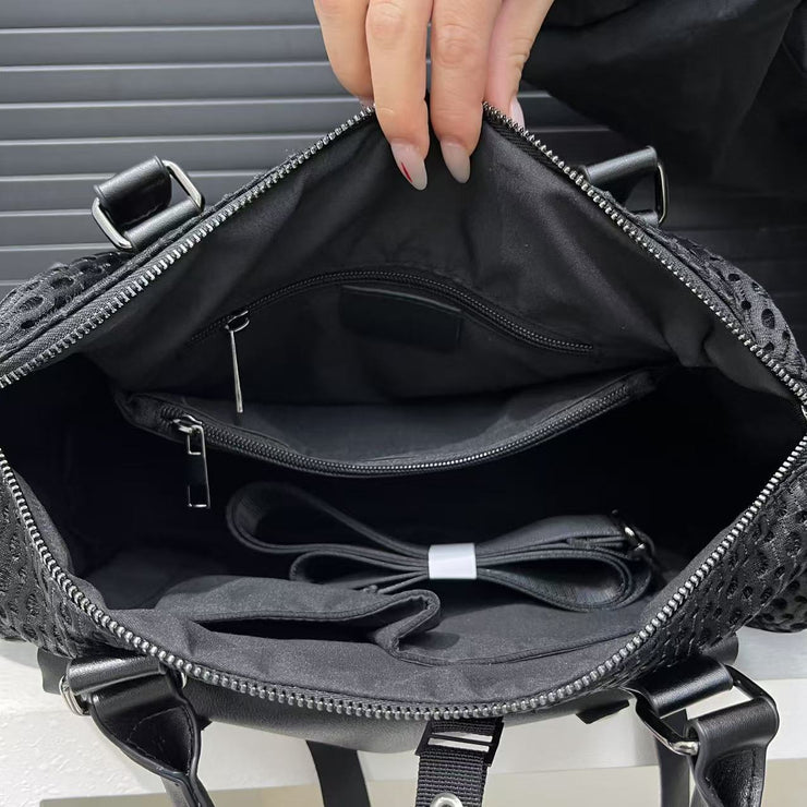 Women's Y2K Nylon Tote Bag with Detachable Strap & Charm - Black & White Beige Checkered Pocket Handbag, Golden-Tone Hardware, Zipper Closure, D-Ring Attachments - Stylish Carryall for Daily Use,, Travel (Run-Like Label Desig