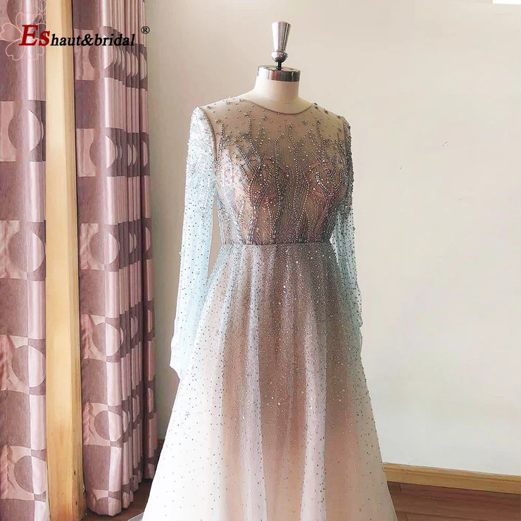 Elegant Dubai Arabic Evening Dresses for Women 2025 Long Sleeves O Neck A-Line Luxury Formal Prom Wedding Party Gowns Customized