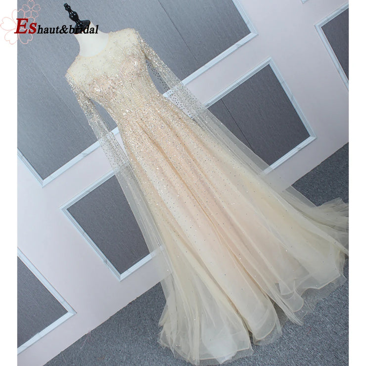 Elegant Dubai Arabic Evening Dresses for Women 2025 Long Sleeves O Neck A-Line Luxury Formal Prom Wedding Party Gowns Customized