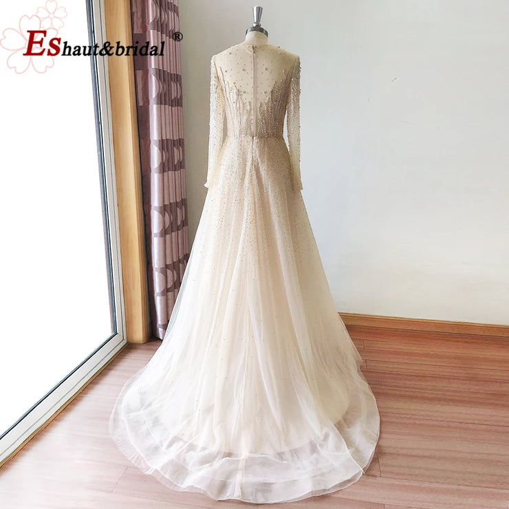 Elegant Dubai Arabic Evening Dresses for Women 2025 Long Sleeves O Neck A-Line Luxury Formal Prom Wedding Party Gowns Customized