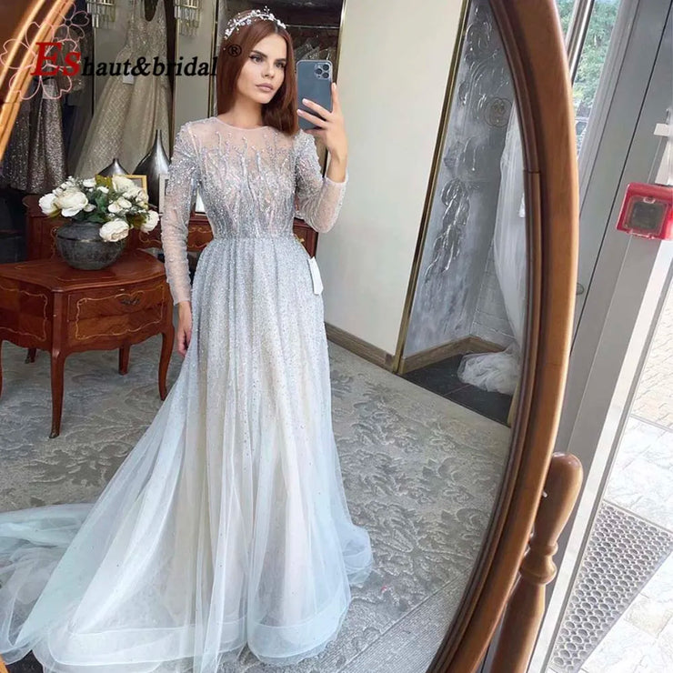 Elegant Dubai Arabic Evening Dresses for Women 2025 Long Sleeves O Neck A-Line Luxury Formal Prom Wedding Party Gowns Customized