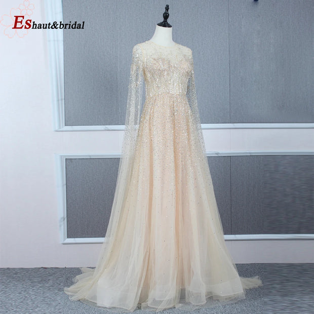 Elegant Dubai Arabic Evening Dresses for Women 2025 Long Sleeves O Neck A-Line Luxury Formal Prom Wedding Party Gowns Customized