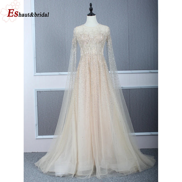 Elegant Dubai Arabic Evening Dresses for Women 2025 Long Sleeves O Neck A-Line Luxury Formal Prom Wedding Party Gowns Customized