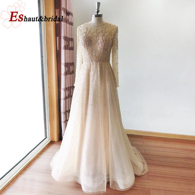 Elegant Dubai Arabic Evening Dresses for Women 2025 Long Sleeves O Neck A-Line Luxury Formal Prom Wedding Party Gowns Customized