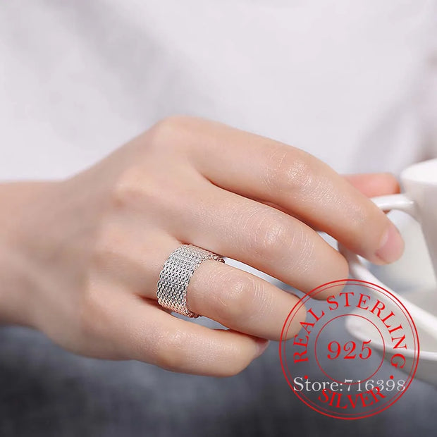 100% 925 Sterling Silver Rings for Women Silver Weaving Wide Ring Wholesale Personality Fashion OL Woman Girl Party Wedding Gift