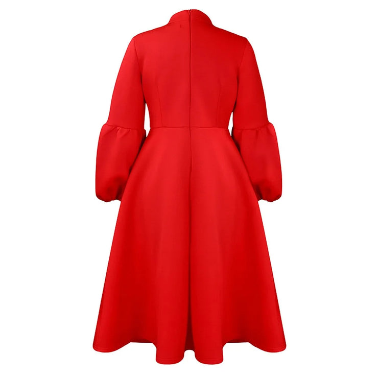 Elegant Dresses for Women Bow Collar Full Sleeve High Waisted Pleated Mid Calf Luxury Birthday Party Dinner Vestidos Mujer Dress