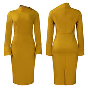 Dresses for Women 2024 New Skew Collar Full Sleeve Solid Sheath Package Hips Mid Calf Professional African Business Work Dress
