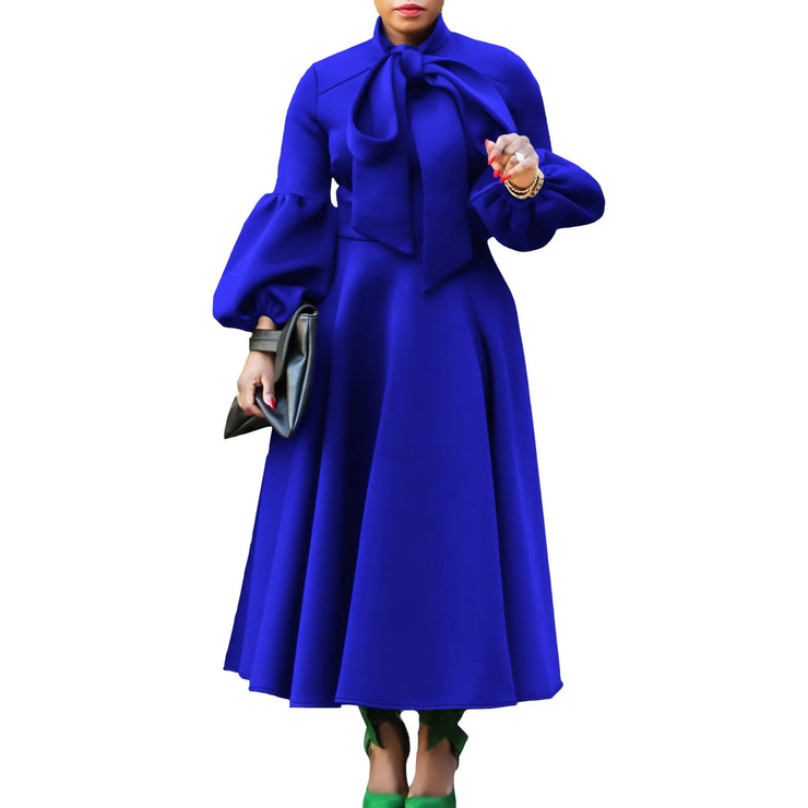 Elegant Dresses for Women Bow Collar Full Sleeve High Waisted Pleated Mid Calf Luxury Birthday Party Dinner Vestidos Mujer Dress