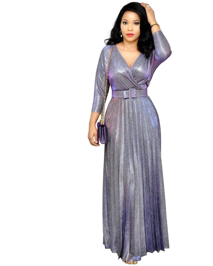 Dresses For Women Elegant Party Low Cut Sequined Gown Dress With Belt Nine Point Sleeve Ruffle Hem Flowy Long Dress Plus Size